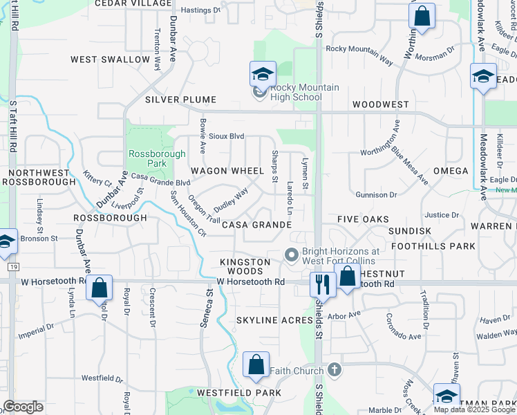 map of restaurants, bars, coffee shops, grocery stores, and more near 3318 Hickok Drive in Fort Collins
