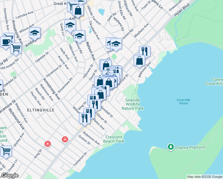 map of restaurants, bars, coffee shops, grocery stores, and more near 4015 Hylan Boulevard in Staten Island