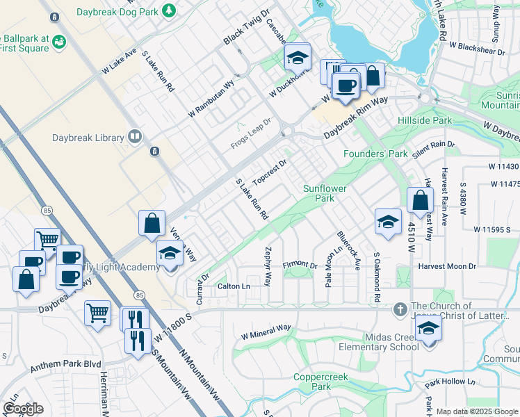 map of restaurants, bars, coffee shops, grocery stores, and more near 11531 Lake Run Road in South Jordan