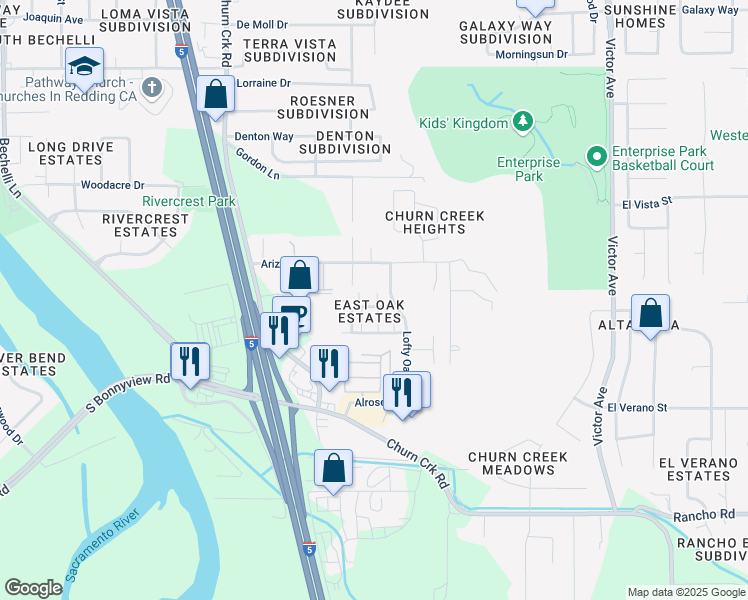 map of restaurants, bars, coffee shops, grocery stores, and more near in Redding