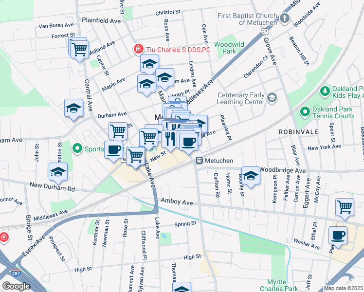 map of restaurants, bars, coffee shops, grocery stores, and more near 24 New Street in Metuchen