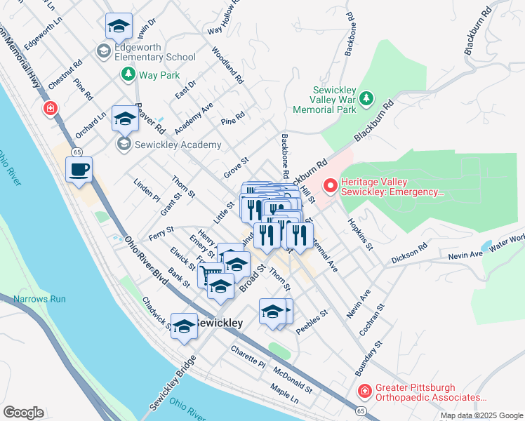map of restaurants, bars, coffee shops, grocery stores, and more near 526 Blackburn Road in Sewickley