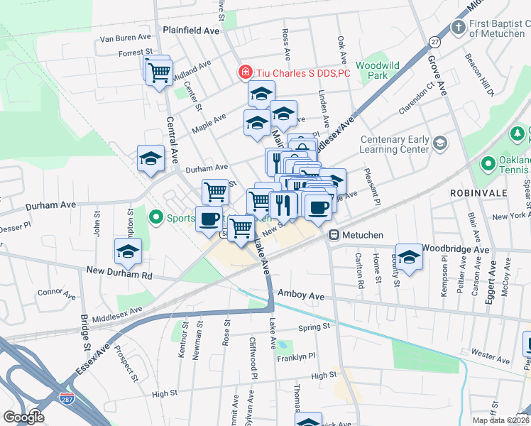 map of restaurants, bars, coffee shops, grocery stores, and more near 22 Center Street in Metuchen