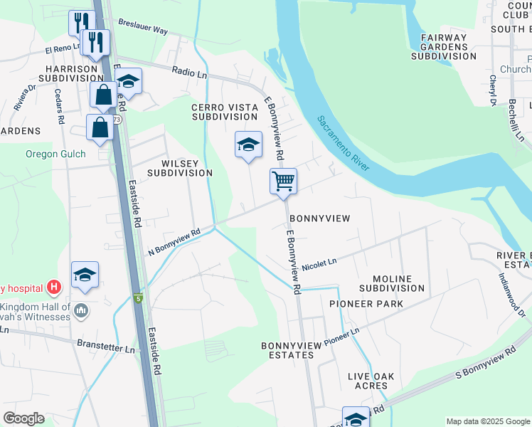 map of restaurants, bars, coffee shops, grocery stores, and more near 2711 N Bonnyview Rd in Redding