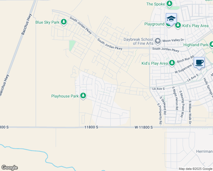 map of restaurants, bars, coffee shops, grocery stores, and more near 7033 West Lake Avenue in South Jordan