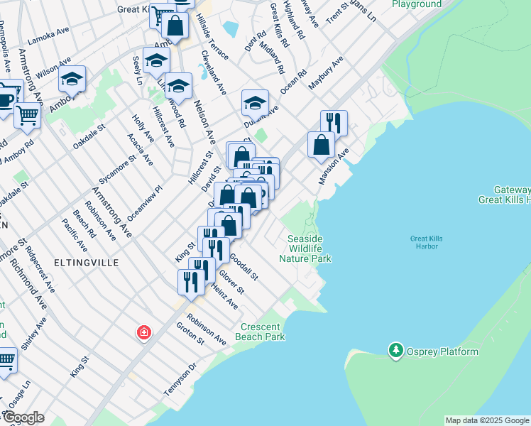 map of restaurants, bars, coffee shops, grocery stores, and more near 325 Nelson Avenue in Staten Island