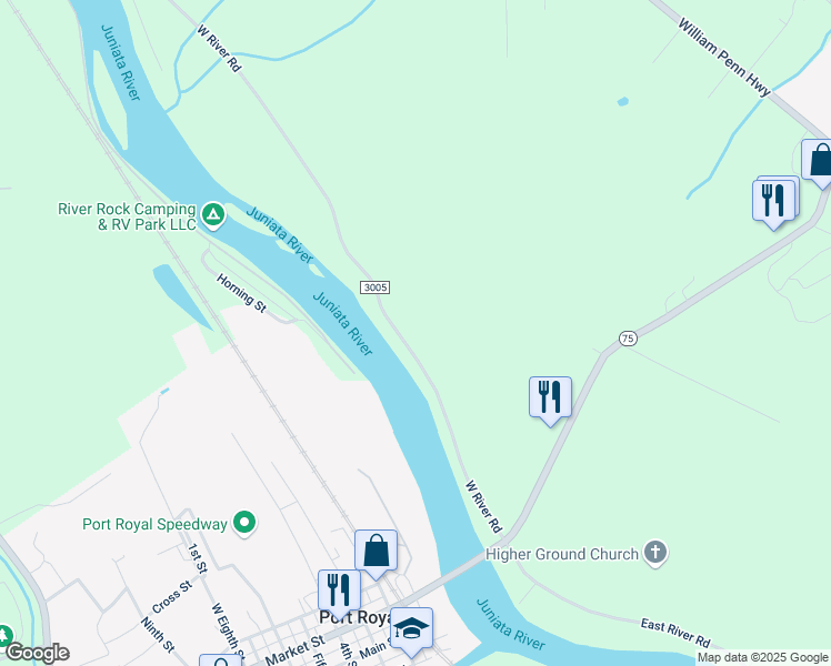 map of restaurants, bars, coffee shops, grocery stores, and more near 3502 West River Road in Mifflintown