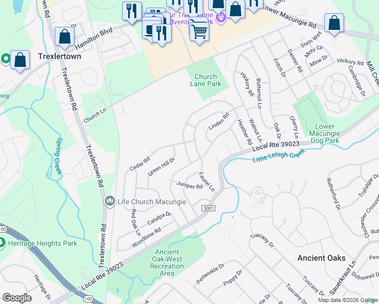 map of restaurants, bars, coffee shops, grocery stores, and more near 7243 Heather Road in Macungie