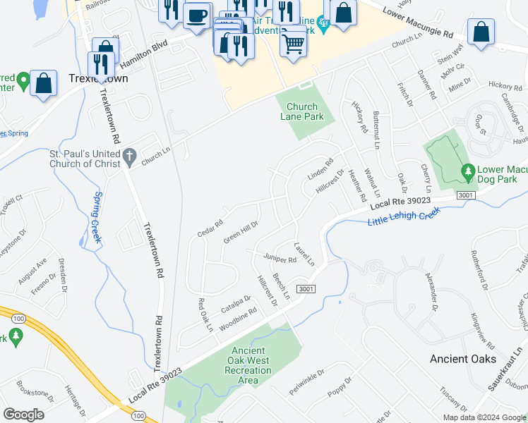 map of restaurants, bars, coffee shops, grocery stores, and more near 7296 Green Hill Drive in Macungie