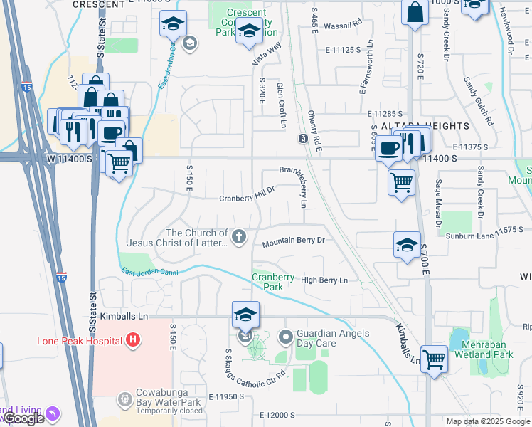 map of restaurants, bars, coffee shops, grocery stores, and more near 11544 Ginger Root Court in Draper
