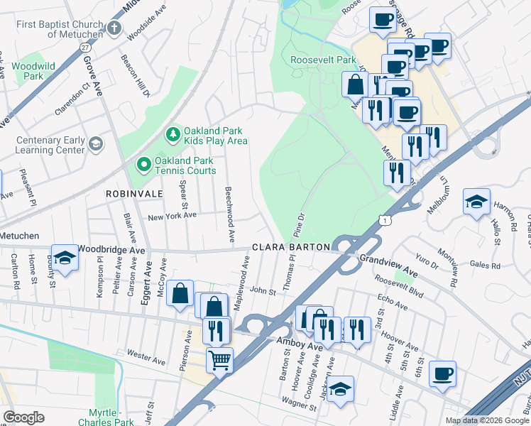 map of restaurants, bars, coffee shops, grocery stores, and more near 16 Eileen Way in Edison