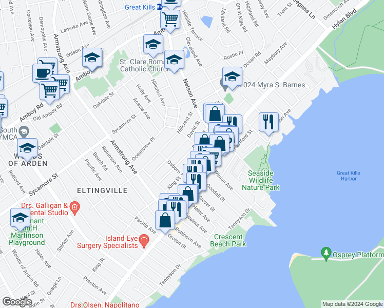 map of restaurants, bars, coffee shops, grocery stores, and more near 68 Driggs Street in Staten Island