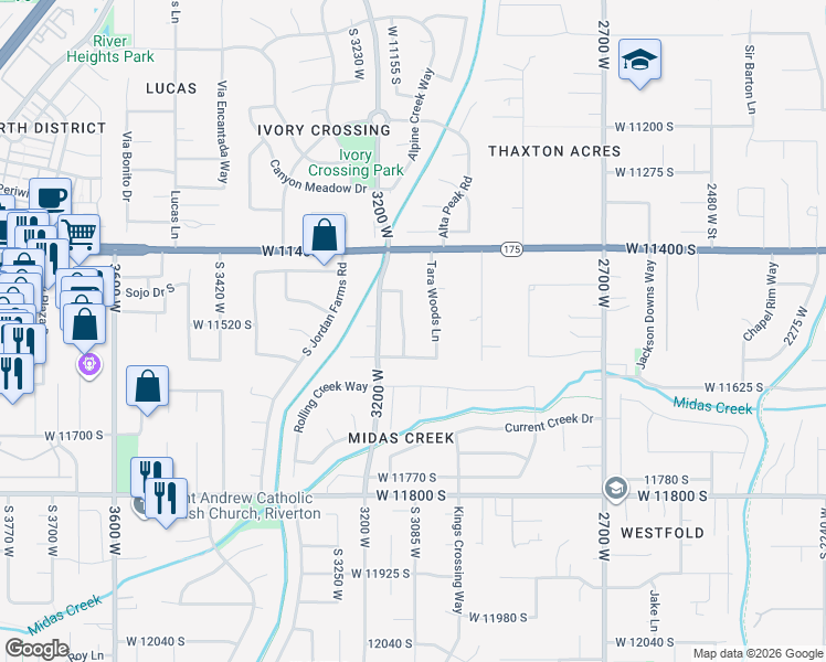 map of restaurants, bars, coffee shops, grocery stores, and more near 11518 Tara Woods Lane in South Jordan