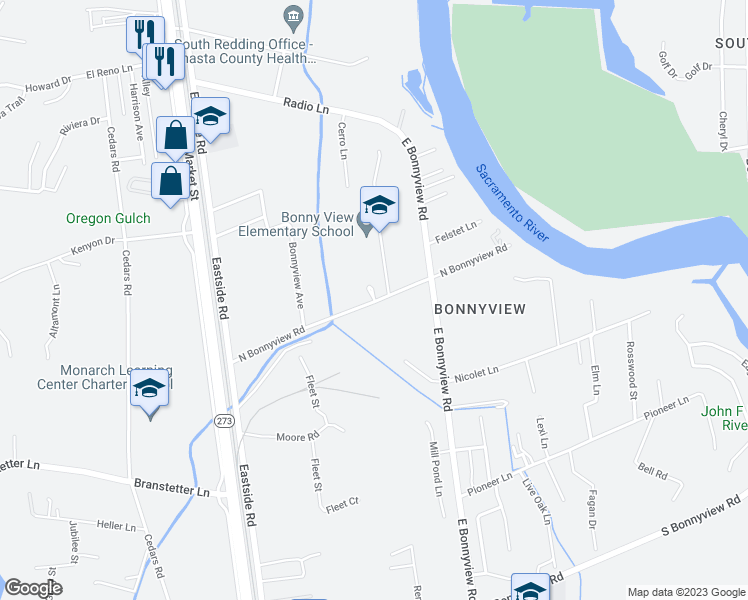 map of restaurants, bars, coffee shops, grocery stores, and more near 2636 North Bonnyview Road in Redding