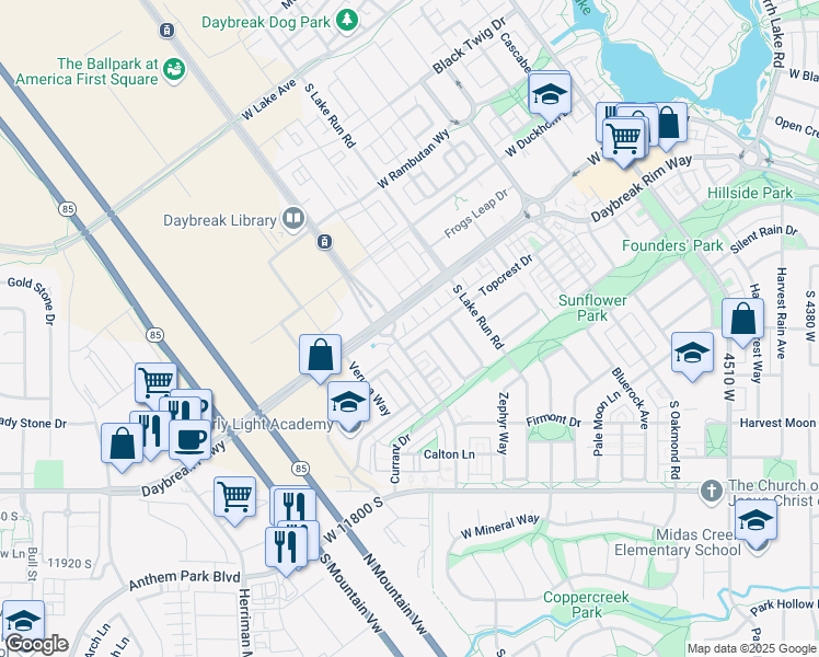 map of restaurants, bars, coffee shops, grocery stores, and more near 5059 West Daybreak Parkway in South Jordan