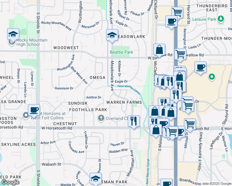 map of restaurants, bars, coffee shops, grocery stores, and more near 521 Plowman Court in Fort Collins