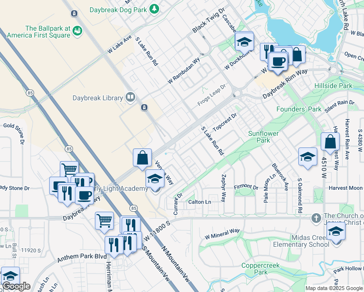 map of restaurants, bars, coffee shops, grocery stores, and more near 5059 West Daybreak Parkway in South Jordan