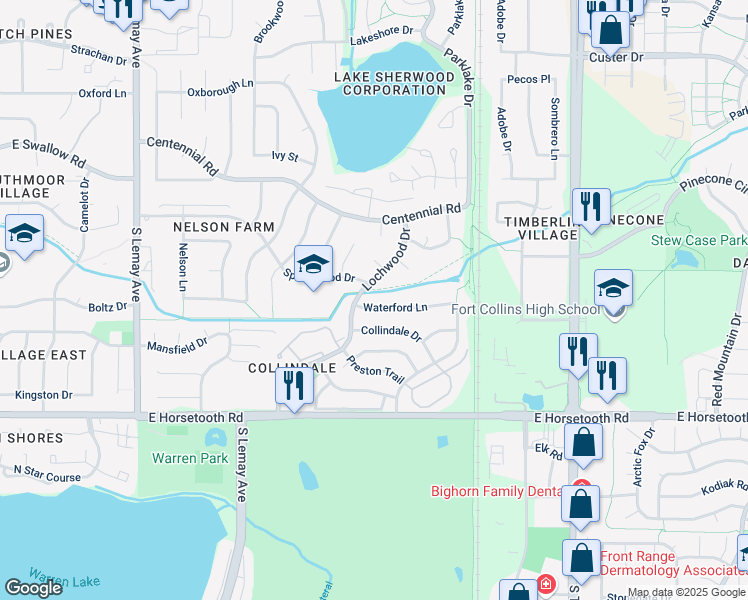 map of restaurants, bars, coffee shops, grocery stores, and more near 1612 Waterford Lane in Fort Collins