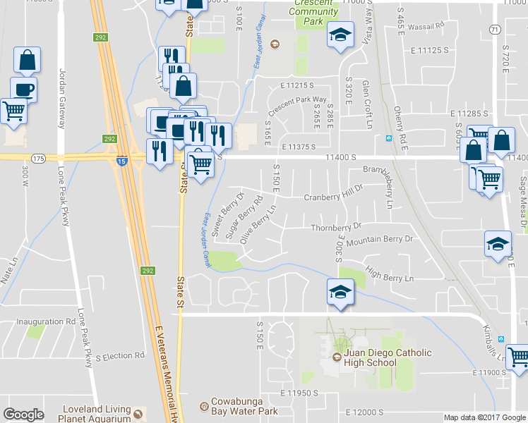 map of restaurants, bars, coffee shops, grocery stores, and more near 11544 Olive Berry Lane in Draper
