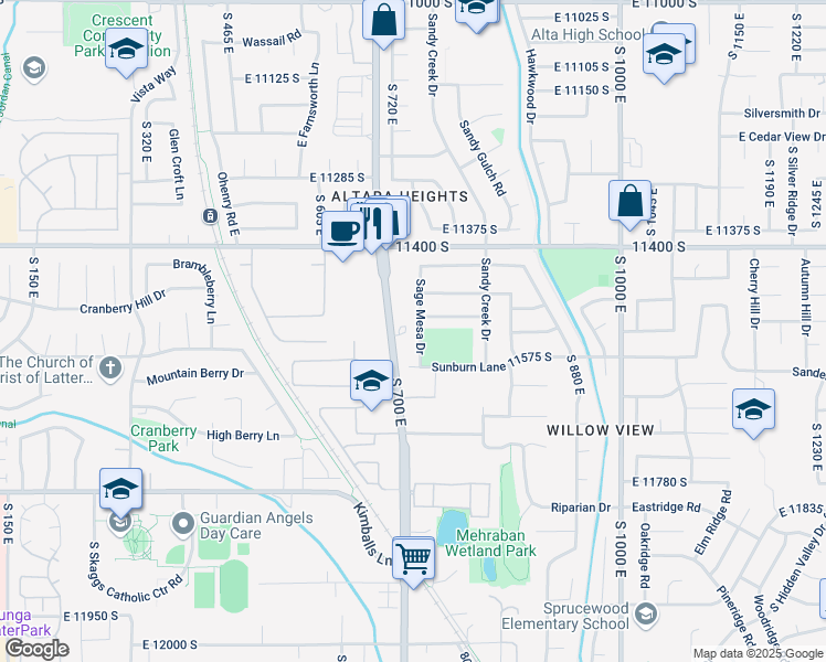 map of restaurants, bars, coffee shops, grocery stores, and more near 11575 South 700 East in Draper