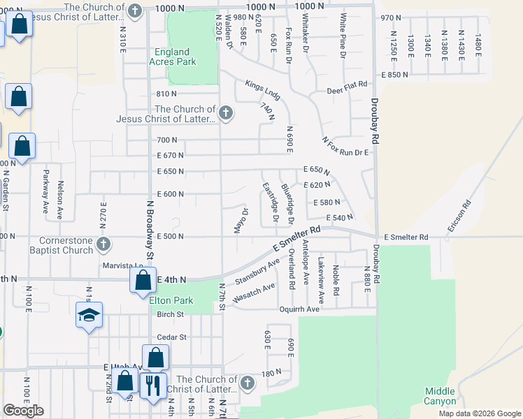 map of restaurants, bars, coffee shops, grocery stores, and more near 550 North in Tooele