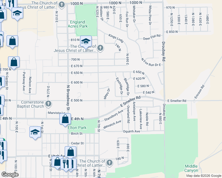 map of restaurants, bars, coffee shops, grocery stores, and more near 576 Mayo Drive in Tooele