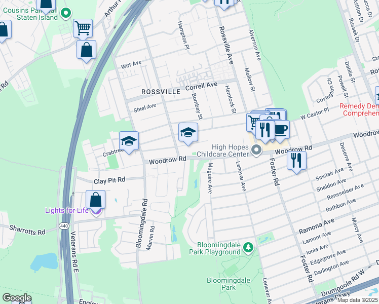 map of restaurants, bars, coffee shops, grocery stores, and more near 250 Kramer Avenue in Staten Island
