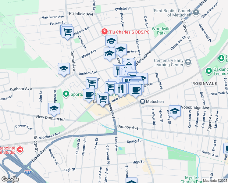 map of restaurants, bars, coffee shops, grocery stores, and more near 69 Pearl Street in Metuchen