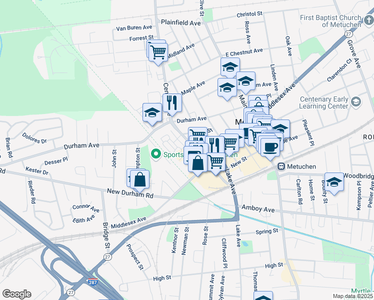 map of restaurants, bars, coffee shops, grocery stores, and more near 3 Park Square in Metuchen