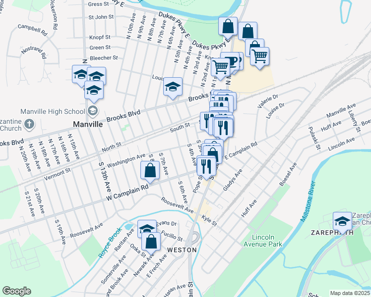 map of restaurants, bars, coffee shops, grocery stores, and more near 408 Washington Avenue in Manville