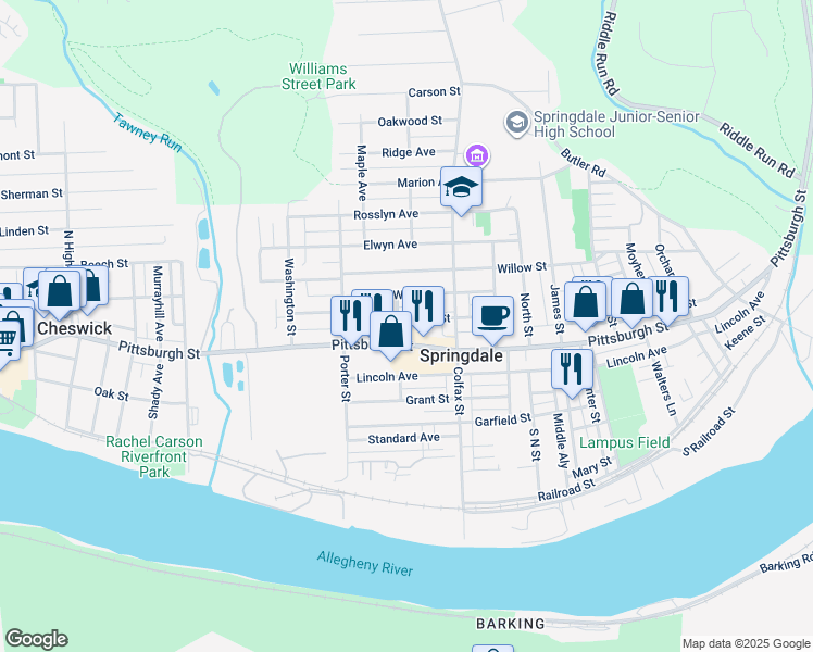 map of restaurants, bars, coffee shops, grocery stores, and more near 499 Chestnut Street in Springdale