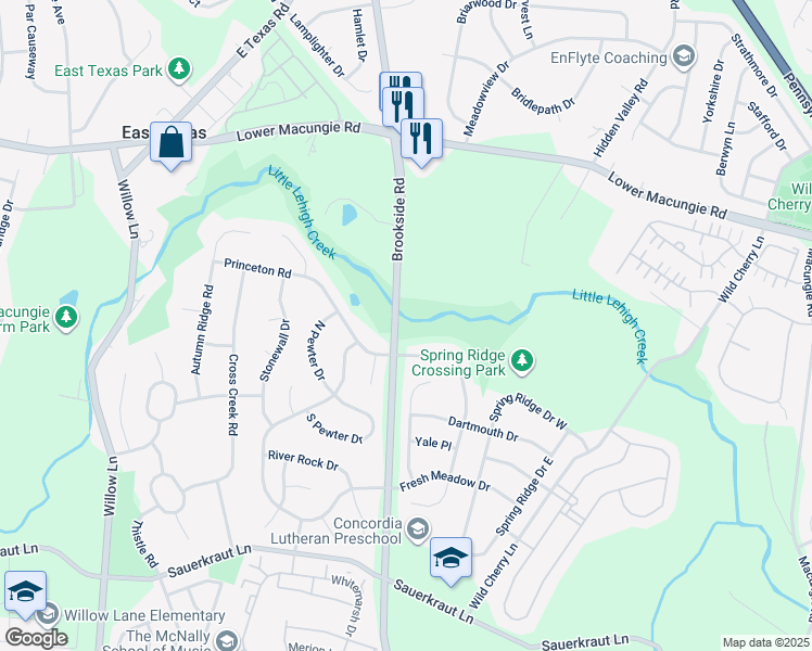 map of restaurants, bars, coffee shops, grocery stores, and more near 2173 Brookside Road in Macungie