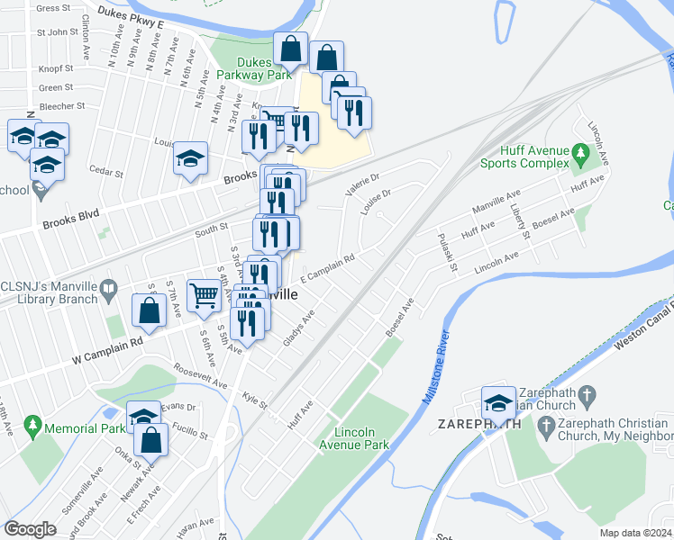 map of restaurants, bars, coffee shops, grocery stores, and more near 78 East Camplain Road in Manville