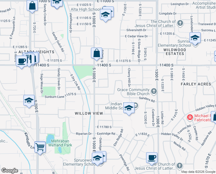 map of restaurants, bars, coffee shops, grocery stores, and more near 11514 South Black Forest Drive in Sandy