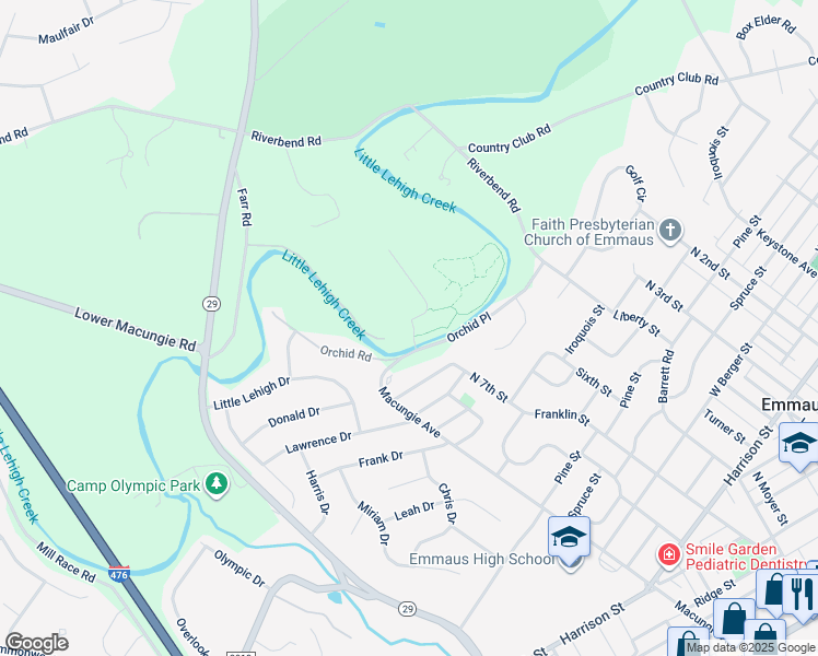 map of restaurants, bars, coffee shops, grocery stores, and more near 3701 Orchid Place in Emmaus