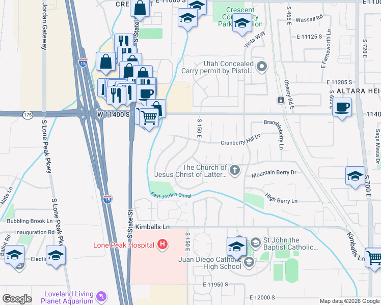 map of restaurants, bars, coffee shops, grocery stores, and more near 11544 Olive Berry Lane in Draper
