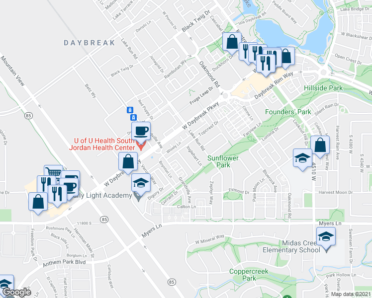 map of restaurants, bars, coffee shops, grocery stores, and more near 4977 Topcrest Drive in South Jordan
