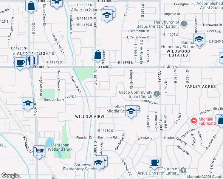 map of restaurants, bars, coffee shops, grocery stores, and more near 11521 South Black Forest Drive in Sandy