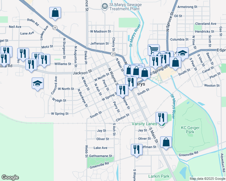 map of restaurants, bars, coffee shops, grocery stores, and more near 120 North Perry Street in Saint Marys