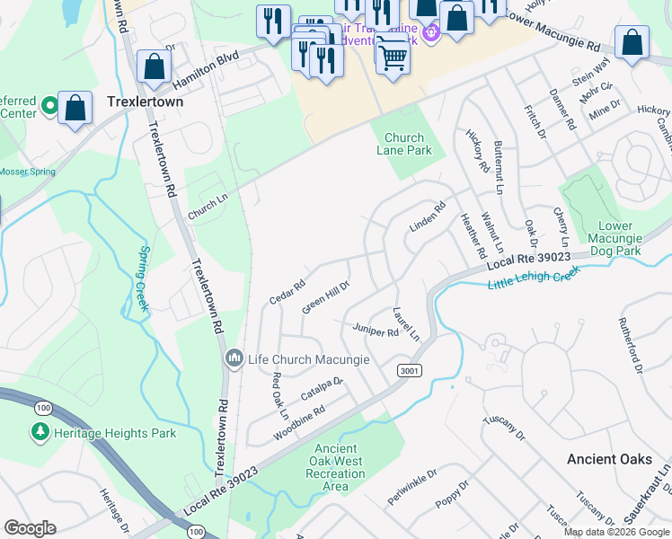 map of restaurants, bars, coffee shops, grocery stores, and more near 7266 Cedar Rd in Macungie