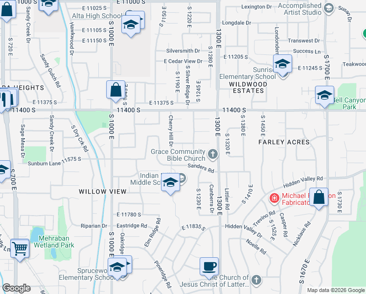 map of restaurants, bars, coffee shops, grocery stores, and more near 11526 Cherry Knoll Circle in Sandy