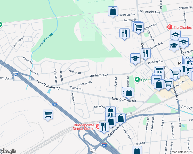 map of restaurants, bars, coffee shops, grocery stores, and more near 359 Durham Avenue in Metuchen