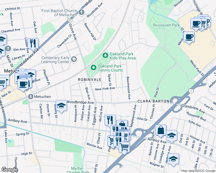 map of restaurants, bars, coffee shops, grocery stores, and more near 52 New York Avenue in Metuchen