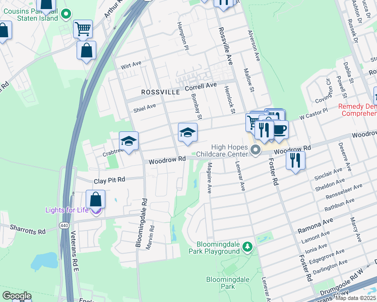 map of restaurants, bars, coffee shops, grocery stores, and more near 250 Kramer Avenue in Staten Island