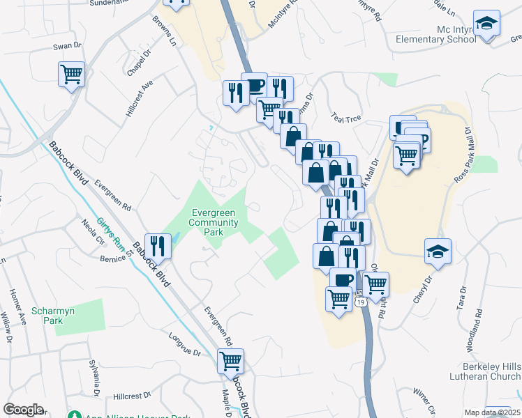 map of restaurants, bars, coffee shops, grocery stores, and more near 7667 Ross Park Drive in Pittsburgh