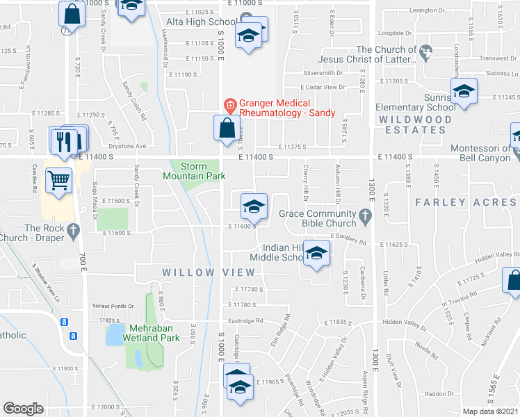 map of restaurants, bars, coffee shops, grocery stores, and more near 11514 South Black Forest Drive in Sandy