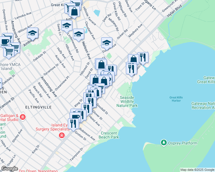 map of restaurants, bars, coffee shops, grocery stores, and more near 4000 Hylan Boulevard in Staten Island