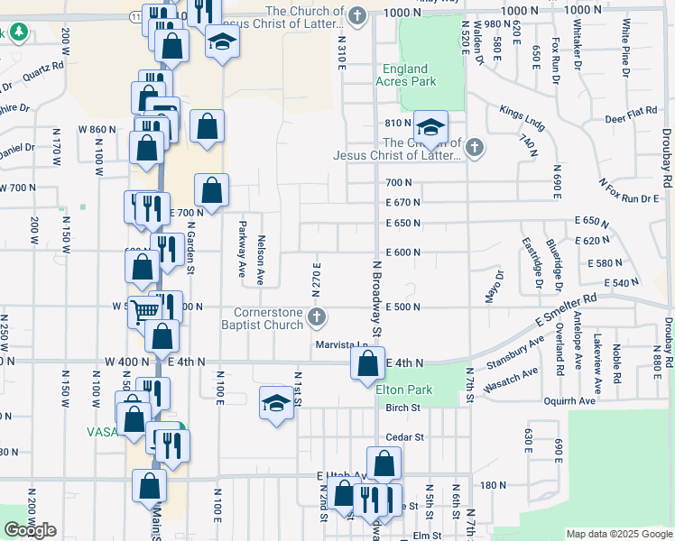 map of restaurants, bars, coffee shops, grocery stores, and more near 586 North 270 East in Tooele