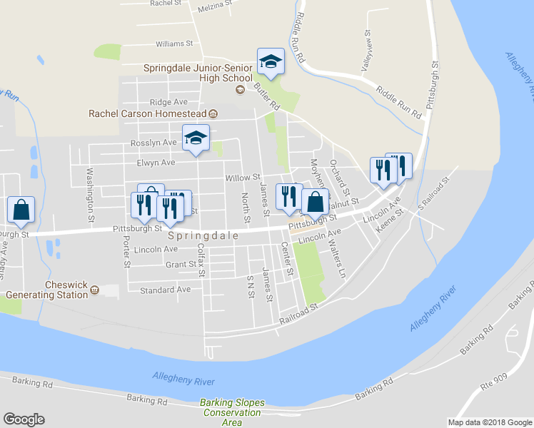 map of restaurants, bars, coffee shops, grocery stores, and more near 331 James Street in Springdale