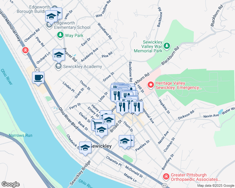 map of restaurants, bars, coffee shops, grocery stores, and more near 333 Beaver Street in Sewickley